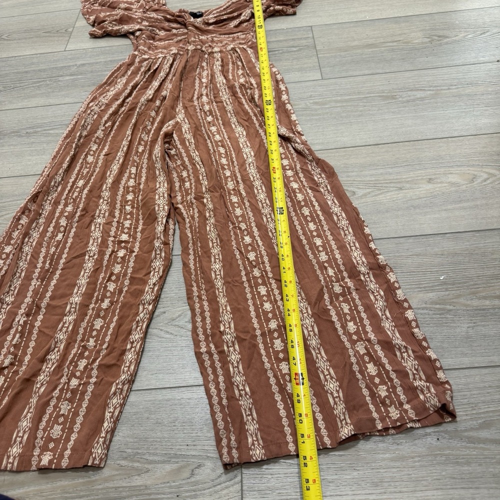 Angie Womens Medium Rust Boho Print Wide Leg Jumpsuit 100% Rayon Flutter Sleeve - Picture 6 of 7